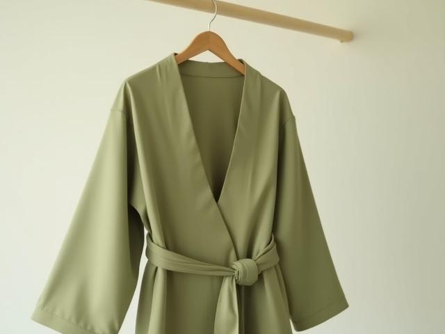 Elegant silk robe draped on a minimalist hanger
